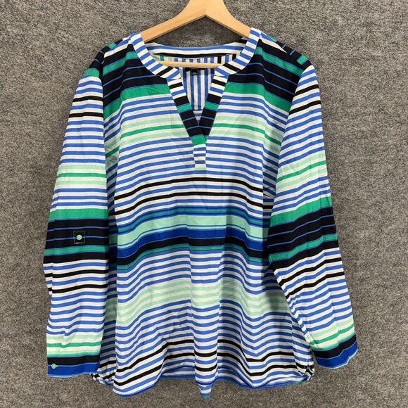 Talbots Blouse Women 3X Plus Blue Striped V-Neck Long Sleeve Pullover Casual - Picture 1 of 7